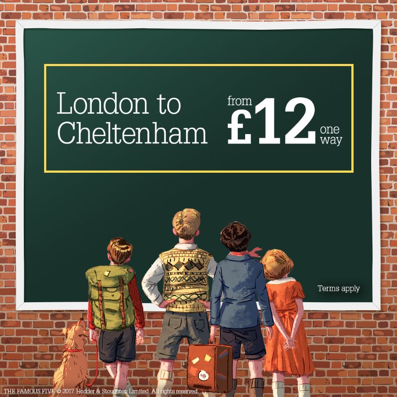 Poster from GWR promoting discounted prices from London to Cheltenham by train